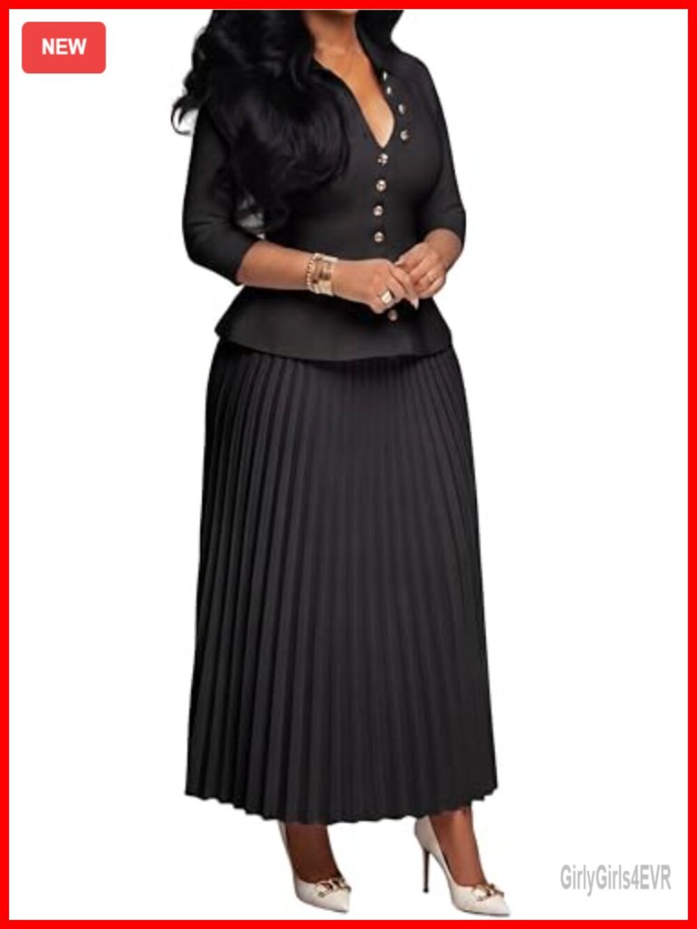 2 Piece Pleated Maxi Skirt Set 3/4 Sleeve V Neck Top Semi Formal